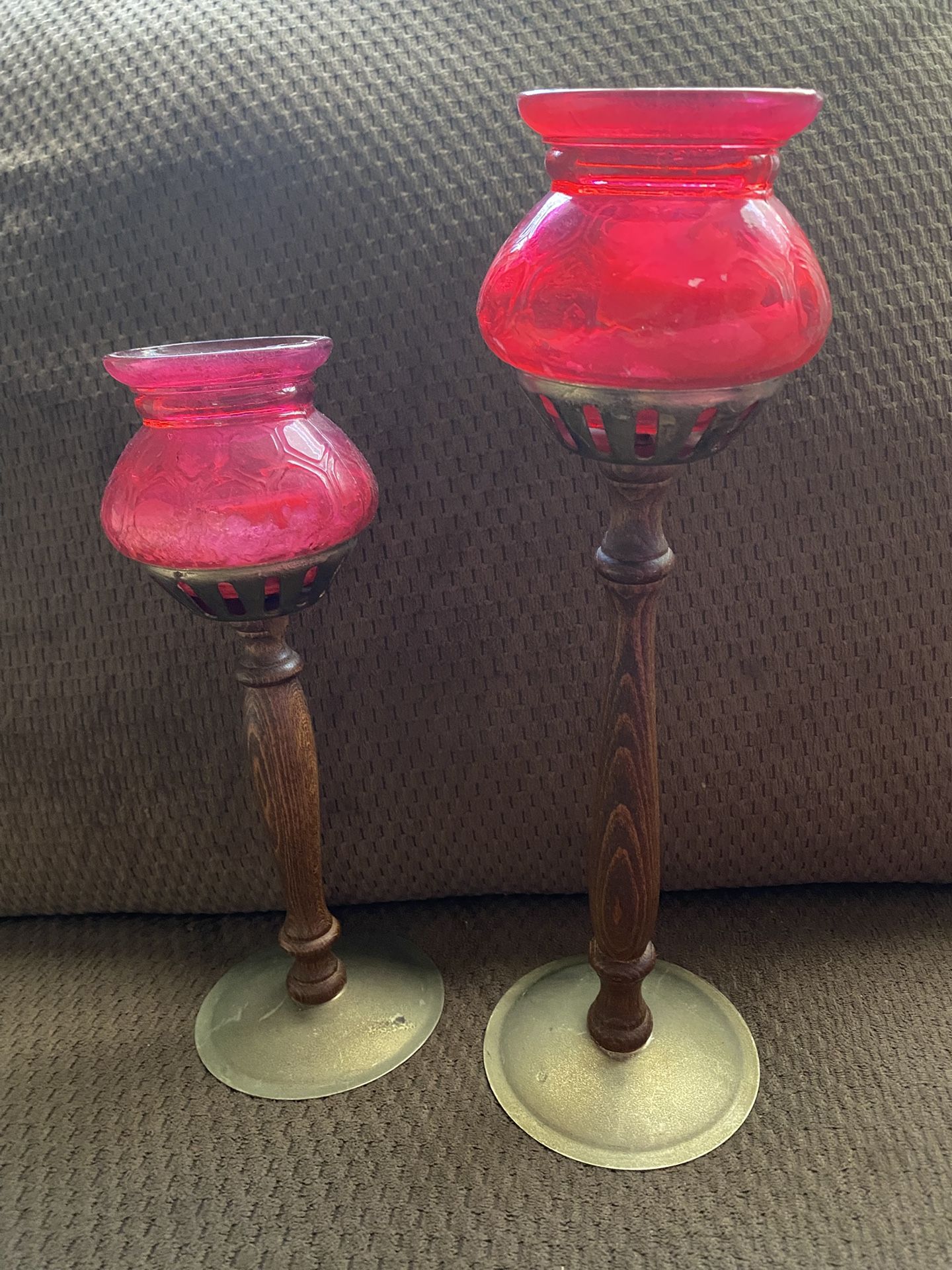 Vintage brass and wood candlestick tea light holders