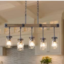 Morice Modern Farmhouse Linear Chandelier 5-Light Rustic Black Classic Mason Jar Island Pendant with Faux Wood Accent