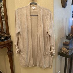J. JILL Women Light Beige 100% Linen Longline Open Cardigan Size Medium Petite