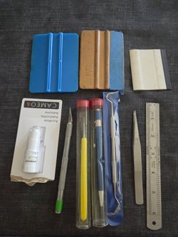 Window film installation tools for vinyl film application with trimming edge squeegee