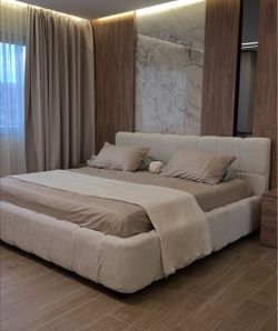 Upholstered Platform Bed Frame Cream Fabric