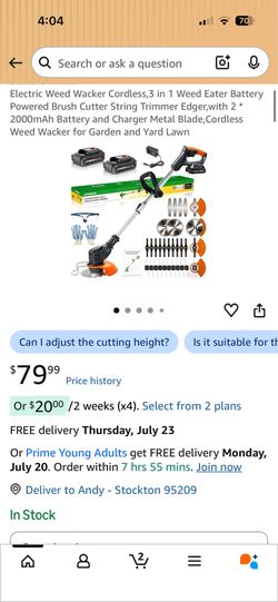 Electric Weed Wacker Cordless, 3 in 1 Weed Eater Battery Powered Brush Cutter String Trimmer Edger,with 2 * 2000mAh Battery and Charger Metal Blade, C