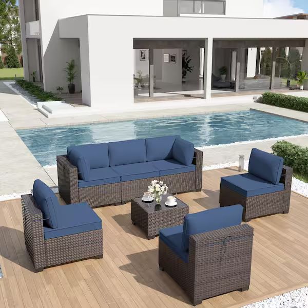 7-Pc Navy (Blue) Or Beige (Sand) Outdoor Patio Rattan Wicker Furniture Set (incl. Table)  [NEW IN BOX] **Retails for $800 <Assembly Required> 