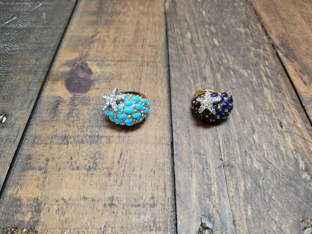 Kenneth Lane turquoise and crystal starfish rings, approx size 7.5 and 6