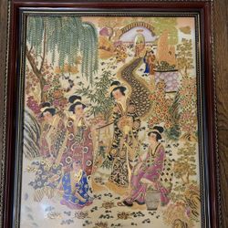 Vintage Japanese Porcelain Painted Framed Wall Art Satsumaware