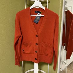 NWT orange Polo Ralph Lauren Womens XS Wool Cashmere Blend V-Neck Cardigan
