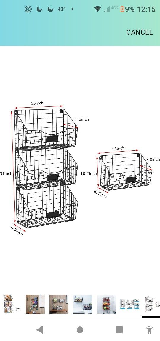 3 Metal Wire Baskets Bins Can Be Wall Mounted Holds Legal Size Folders