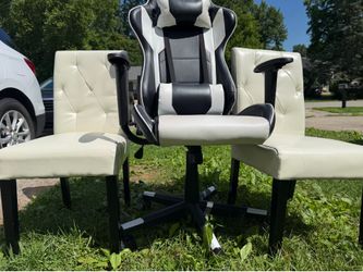 S-Racer Gaming Chair and Two White Faux Leather Dining Chairs