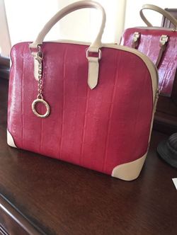 Arcadia Invece Patent Leather Dome Satchel Handbag - Deep Red with Tan Trim