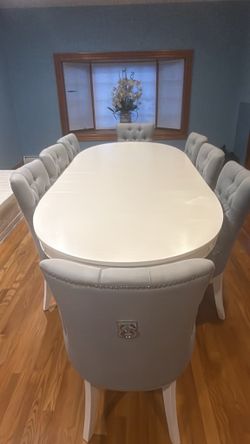 Antique  White Oval Pedestal Dining Set with 8 Tufted Nailhead Chairs