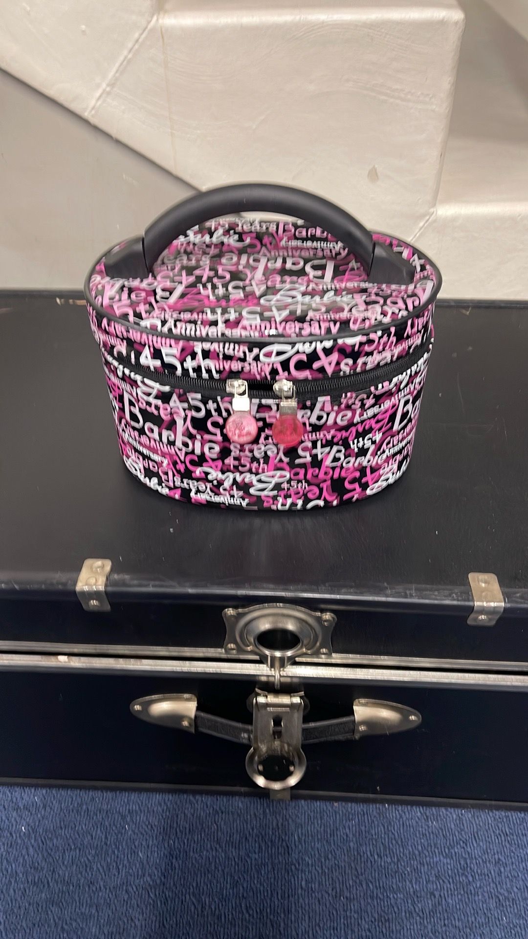 Mattel Barbie 45th Anniversary train ( cosmetic) case featuring logo print