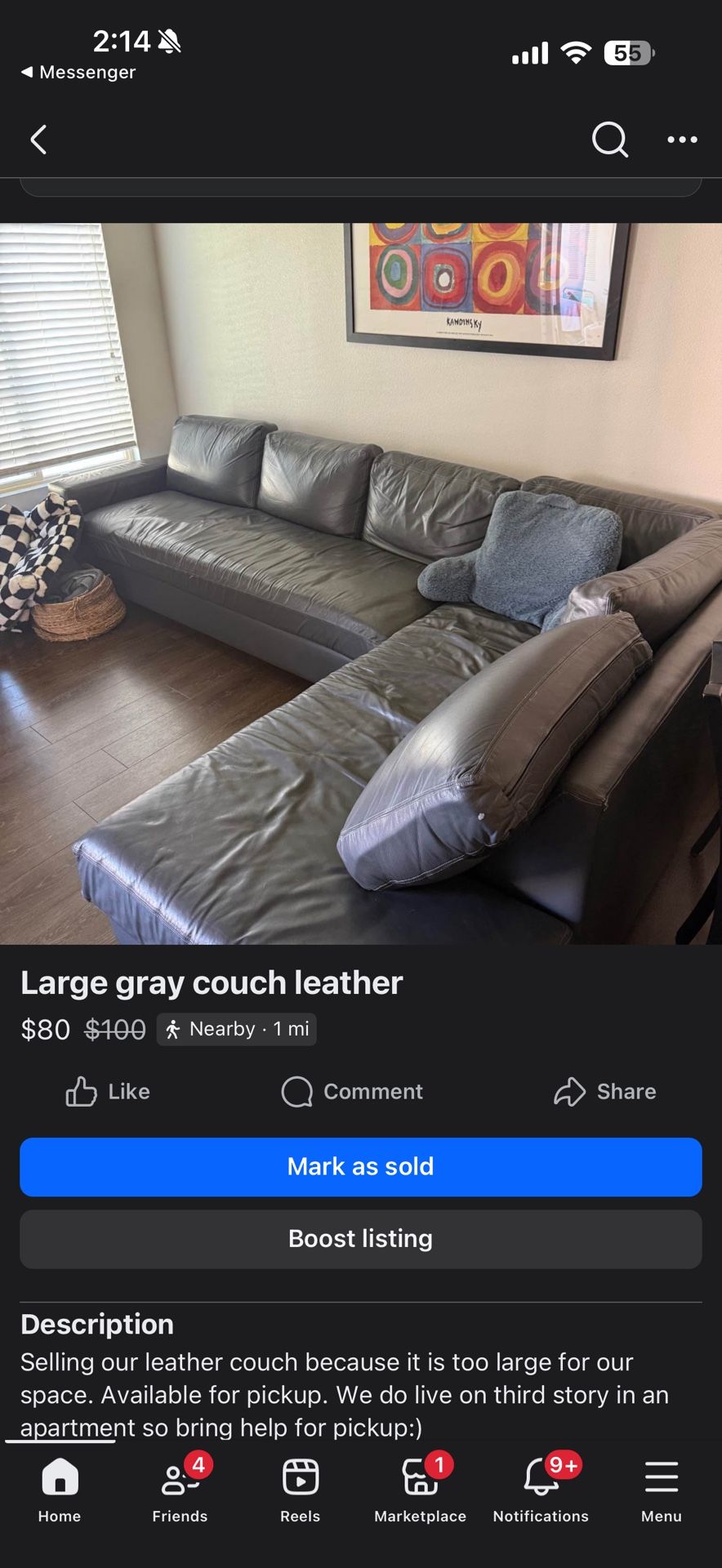 Large Grey leather Couch