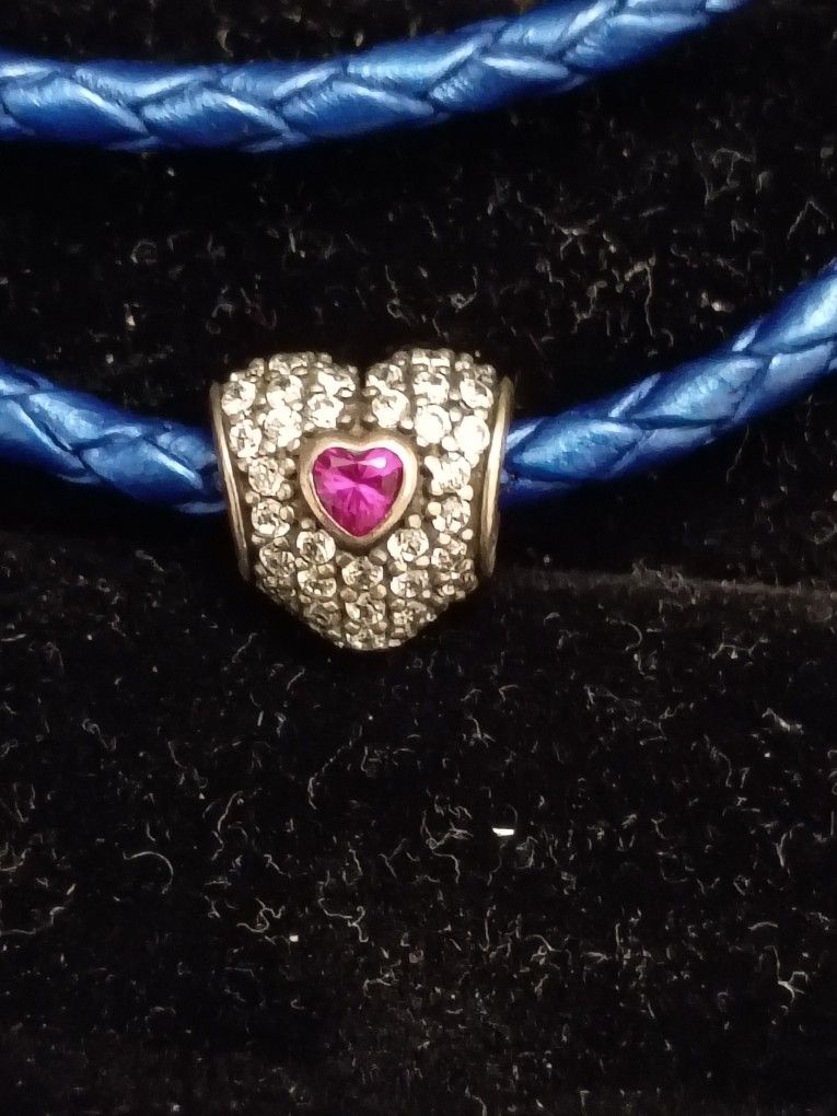 Pandora 925 Sterling Silver Blue Leather Necklace / Bracelet W/ Charm