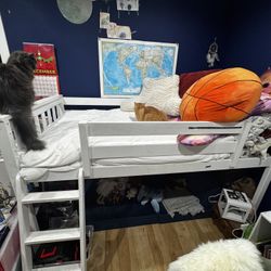 Solid Wood Twin Low Loft Bed w/ Slide and ladder 