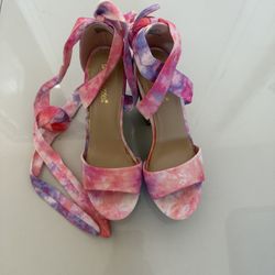 🌸💖 Cotton Candy Dream Platform Heels – Tie-Dye Wrap Sandals 💖🌸