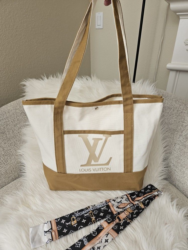 Large White and Brown Canvas Totebag