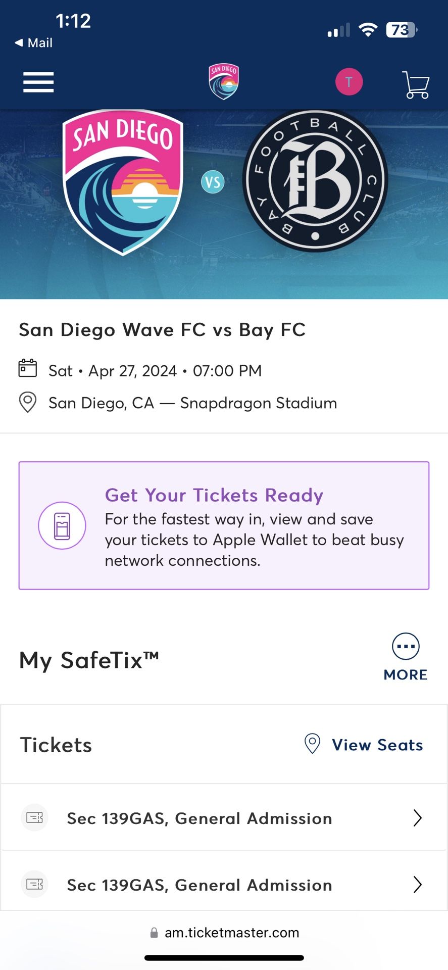 Wave FC Vs Bay FC - 2 Tickets - April 27