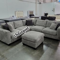 ✅️✅️ 4pc  for grey corduroy fabric upholstered sectional sofa with ottoman ✅️✅️