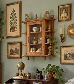 Vintage Wooden Wall Hanging Curio Cabinet With Glass Doors For Trinkets Collectibles, Miniatures, Granny, Core Cottage Grand Millennial