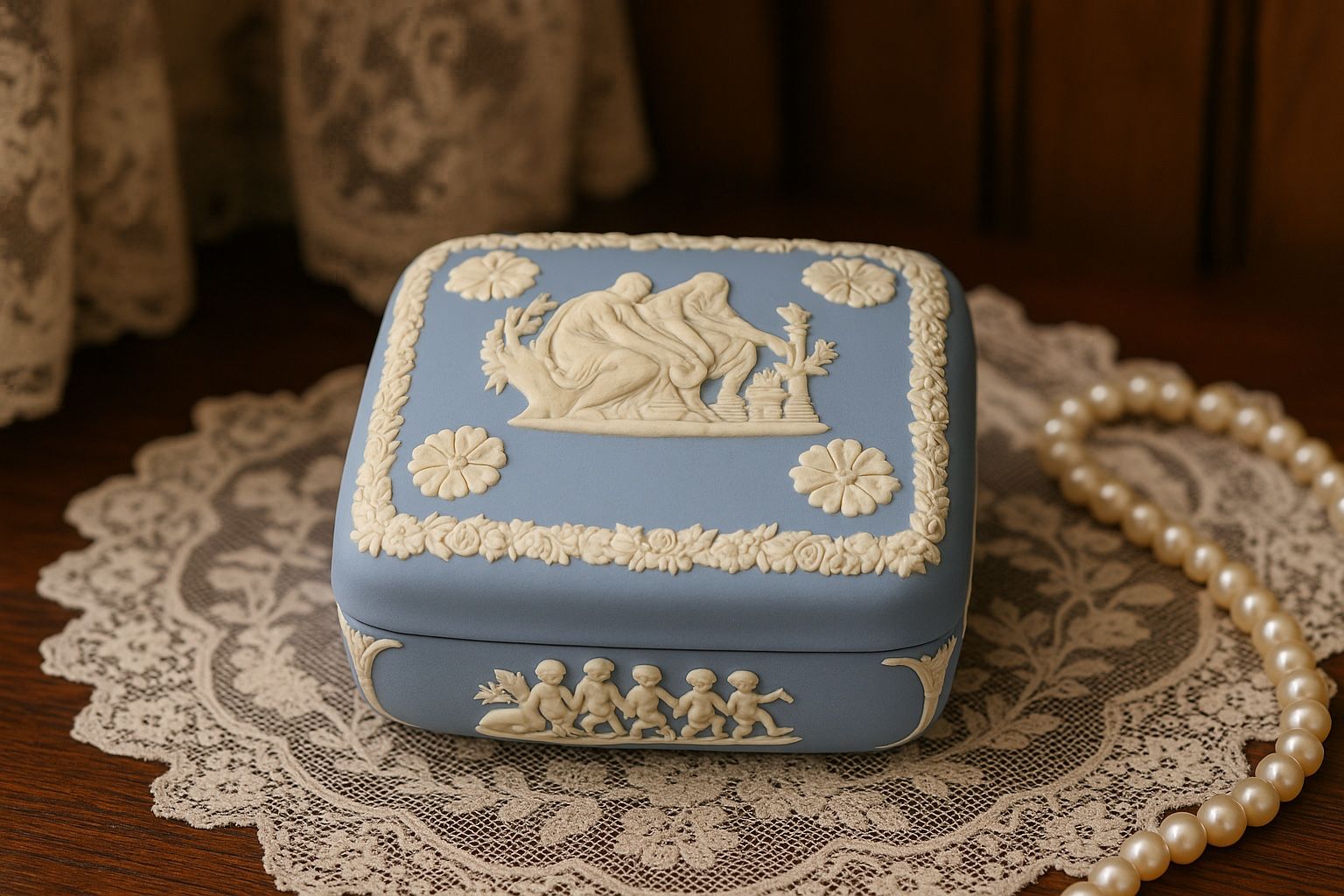 Wedgwood England 1960s Blue Jasperware Trinket Box Sacrifice Scene, 3.75x1.5”