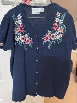 Vintage Cardigan Sweater with Ribbon Embroidery