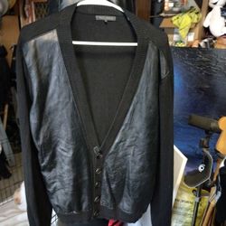 PUBLIC SCHOOL NYC Black Leather Trim Cashmere/Cotton Cardigan Sweater Medium 