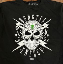 Monster Energy Skull Graphic Black Cotton T-Shirt Large Crew Neck