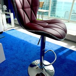 Modern Burgundy Adjustable Swivel Bar Stools — Tufted Designer Style — Set of 3