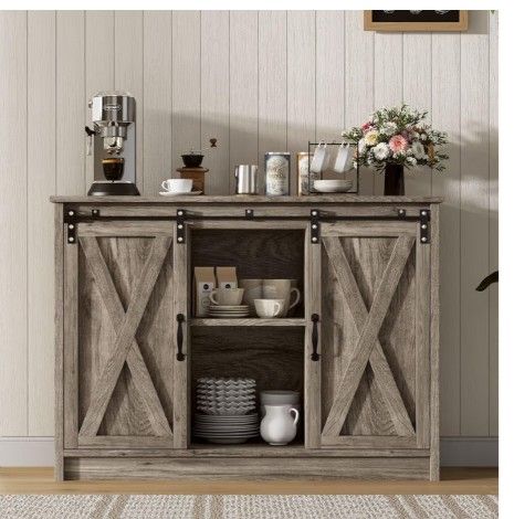 Coffee Bar Cabinet 42" Buffet Cabinet for Kitchen Living Dining Room Wash Grey
with Sliding Barn Door, with Adjustable Shelves, with Storage, for Kitc