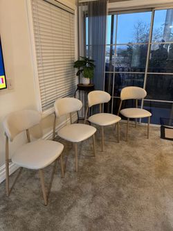 Four Beige Mid Century Linen Dining Chairs - Brand New
