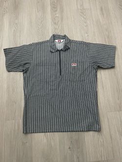 Ben Davis Men’s M Gray/White Striped Collared Short Sleeve Polo Shirt Logo