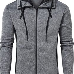 Men’s Hooded Jacket Slim Fit Double Zipper Turtleneck Fleece Hoodie Out wear 