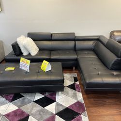 Black Ibiza Leather Sectional Sofa With Ottoman ** Ellenton ** $50 Down No Credit Needed