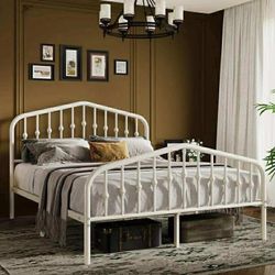 White Queen Size Metal Platform Bed Frame with Vintage Victorian Headboard & Footboard