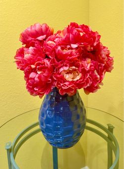 Blue Ceramic Vase & Flowers