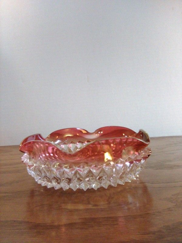Vintage Diamond Point Glass Under Plate / Ruby Red Flash Rim Indiana