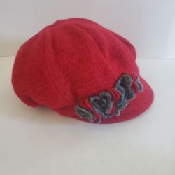 Creativa Red Wool Winter Beret Newsboy Cap feat Floral Applique Made In Italy