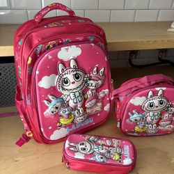 Pink Labubu Backpack Lunch Bag And Pencil Pouch 