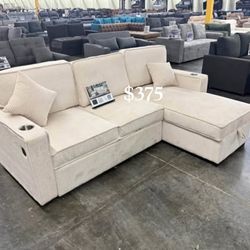 Corduroy 2-Pc Ivory Sectional Sofa With USB Port, Reversible Chaise, & Pullout Bed ( Brand New In Box‼️)
