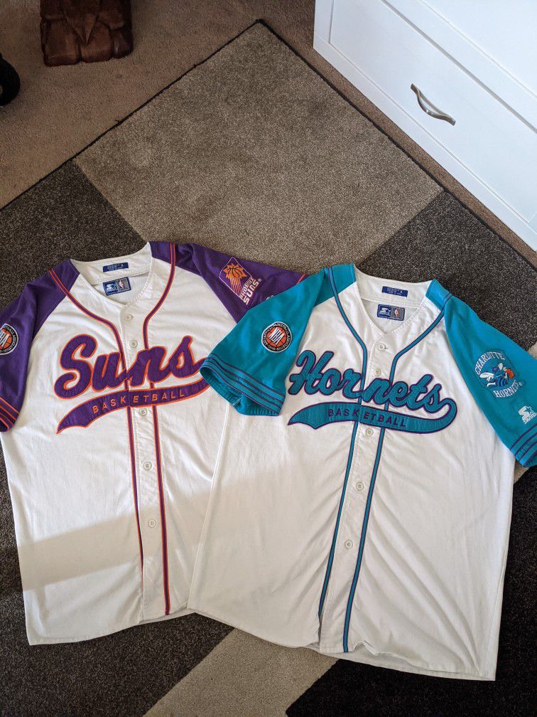 Vintage NBA Phoenix Suns and Charlotte Hornets Baseball Style Button Up Jerseys Both XL