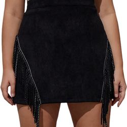 Women's Plus Size Rhinestone Fringe Suede Party A Line Mini Skirt