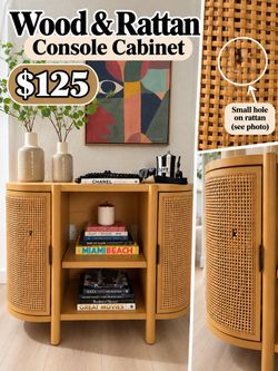Natural Wood & Rattan Console Cabinet with Storage