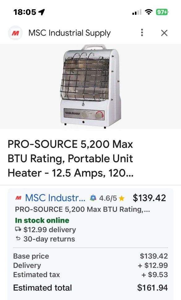 Pro Source 5200 Max BTU Portable Industrial Heater 12.5 Amps NEW