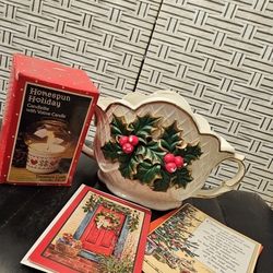 Vintage Crown Accents White Porcelain Christmas Holly Berry Bowl Vase/candle and cards 