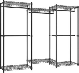 Heavy-Duty Clothes Rack, Garment Rack, Portable Closet, 86.4-Inch Wide Clothing Rack with Adjustable Mesh Shelves and Hanging Rails, Ink Black ULGR434