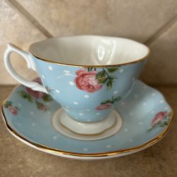 Royal Albert Country Rose Vintage Teacup & Saucer Mix Polka Dot Blue