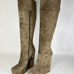 Balenciaga Women's Brown Suede Knee High Platform Wedge Heel Boots - Size 36