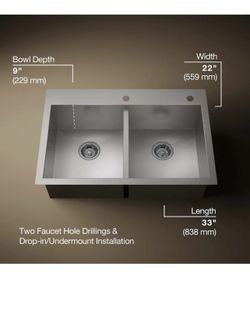 Decree Drop-in or undermount 33-in x 22-in Stainless steel Double equal bowl 18 -Gauge Kitchen Sink
