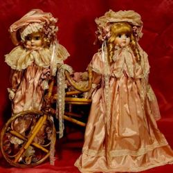 *RARE* Victorian Rose Collection Signature Series Boy & Girl Porcelain Dolls W/ Rattan Tricycle