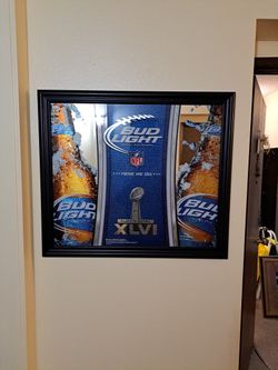 Super Bowl, Bud Light mirrored sign. Thirty two inch by twenty seven inches